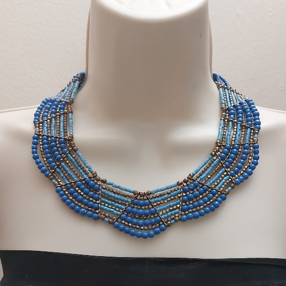 Jewelry - Boho Tribal Tri Tone Blue Gold Tone Seed Bead Statement Necklace